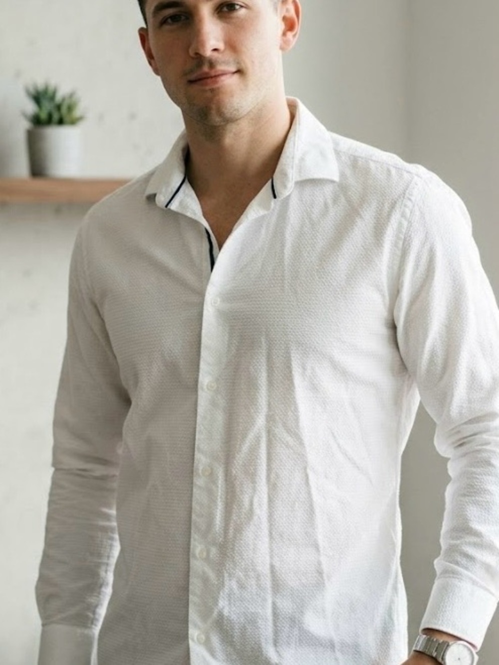 Le 31 Voyageur White Dobby Texture Dress Shirt Comfort Fit 15.5L Wedding Luxury